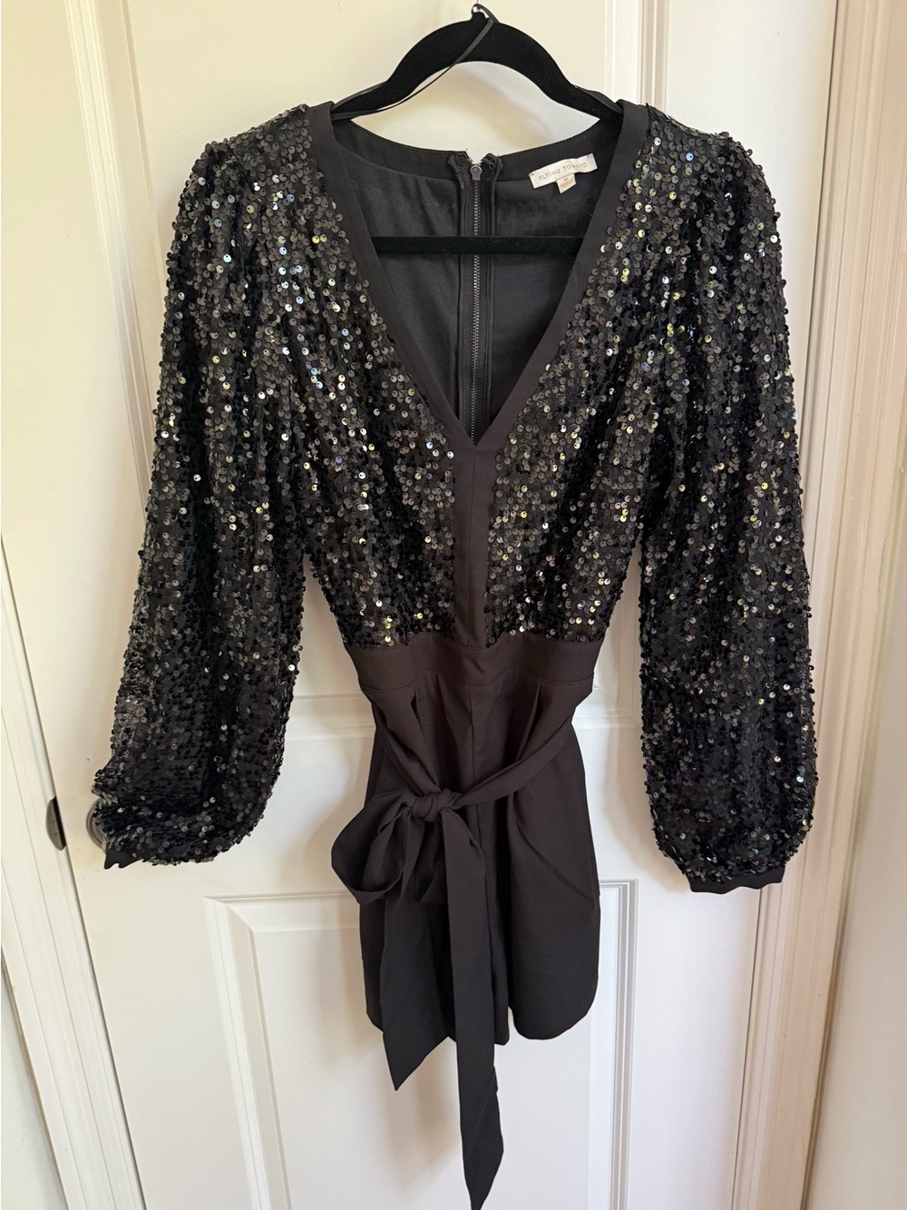 Black Sequin V-Neck Tie-Waist Women’s Dress